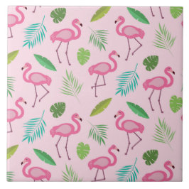 Rosa flamingo med tropiska bladmönster kakelplatta