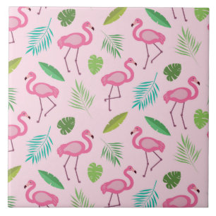 Rosa flamingo med tropiska bladmönster kakelplatta