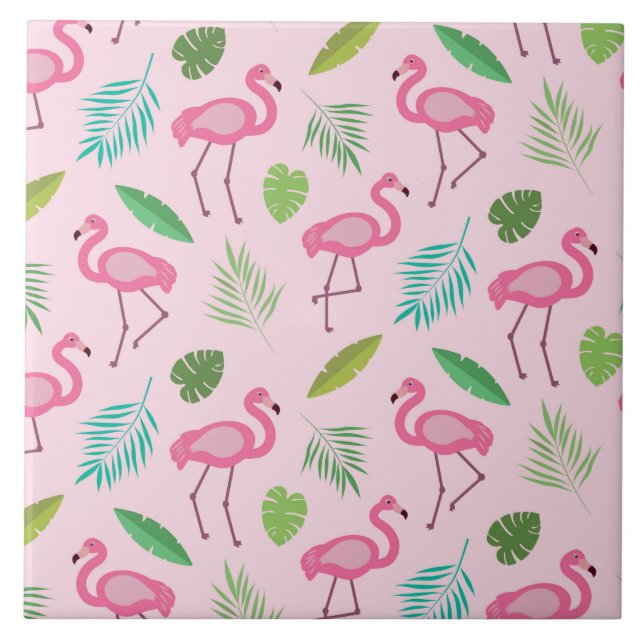 Rosa flamingo med tropiska bladmönster  kakelplatta (Framsidan)