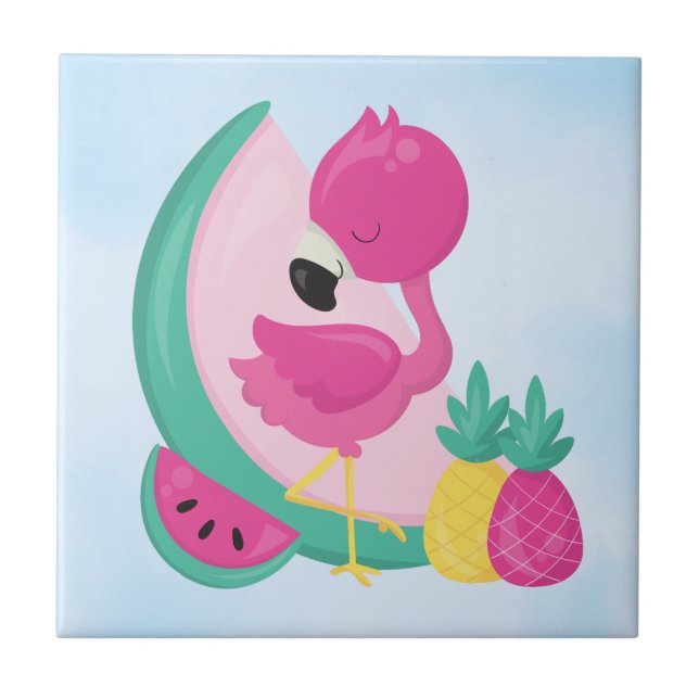 Rosa Flamingo med vattenmelon och ananas Kakelplatta (Framsidan)