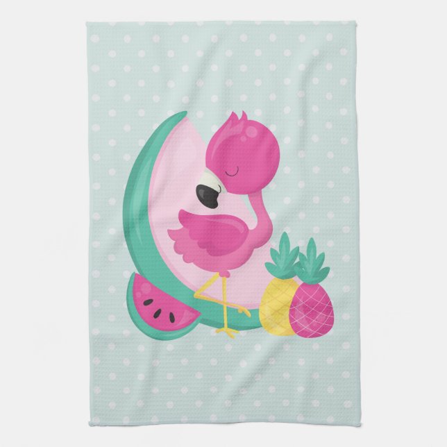 Rosa Flamingo med vattenmelon och ananas Kökshandduk (Vertikal)
