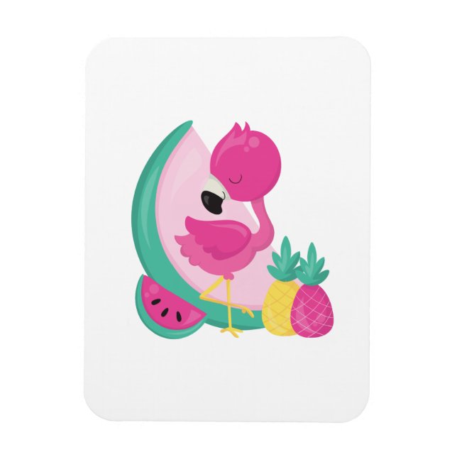 Rosa Flamingo med vattenmelon och ananas Magnet (Vertikal)