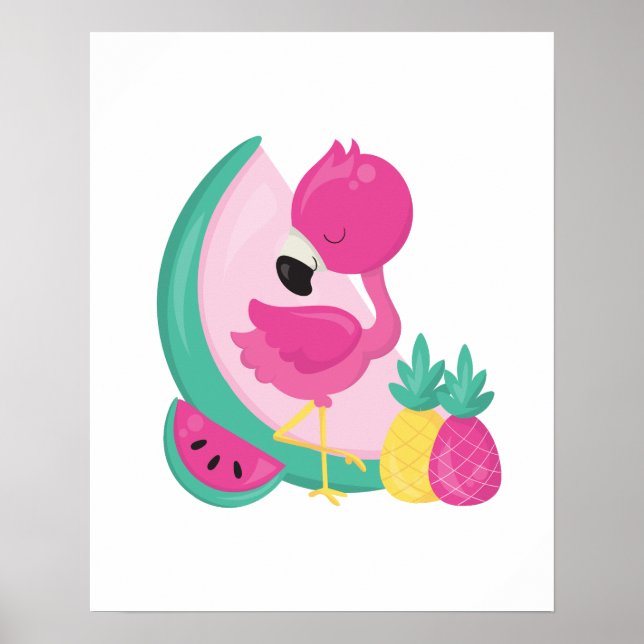 Rosa Flamingo med vattenmelon och ananas Poster (Framsidan)