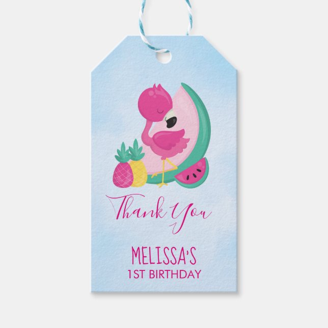 Rosa Flamingo med vattenmelon och ananas Presentetikett (Framsidan)