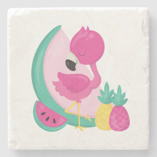 Rosa Flamingo med vattenmelon och ananas Stenunderlägg