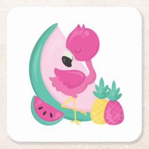 Rosa Flamingo med vattenmelon och ananas Underlägg Papper Kvadrat
