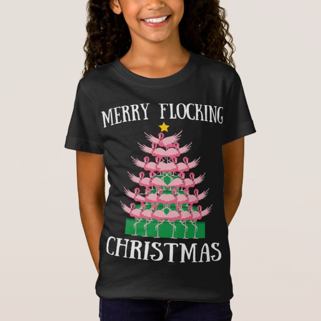 Rosa Flamingo Merry Flocking Julgran Ljus T Shirt (Framsida)
