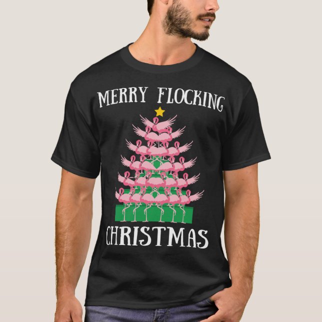 Rosa Flamingo Merry Flocking Julgran Ljus T Shirt (Framsida)