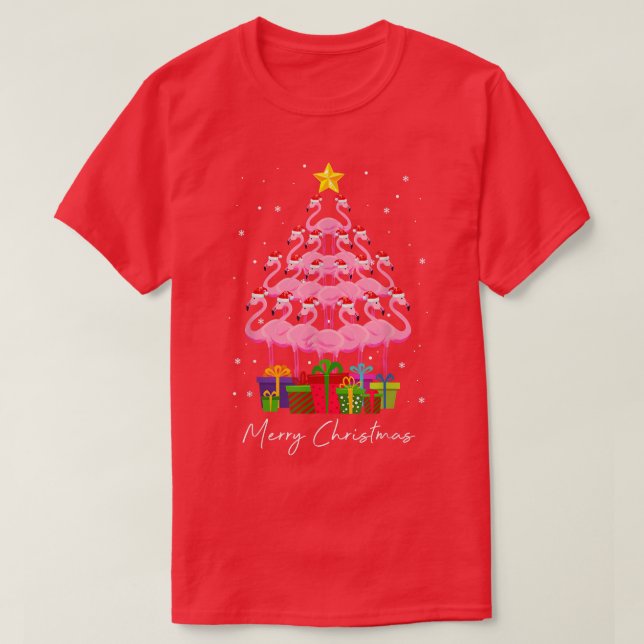 Rosa Flamingo Merry Flocking Julgran Ljus T Shirt (Design framsida)