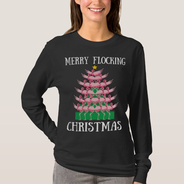 Rosa Flamingo Merry Flocking Julgran Ljus T Shirt (Framsida)