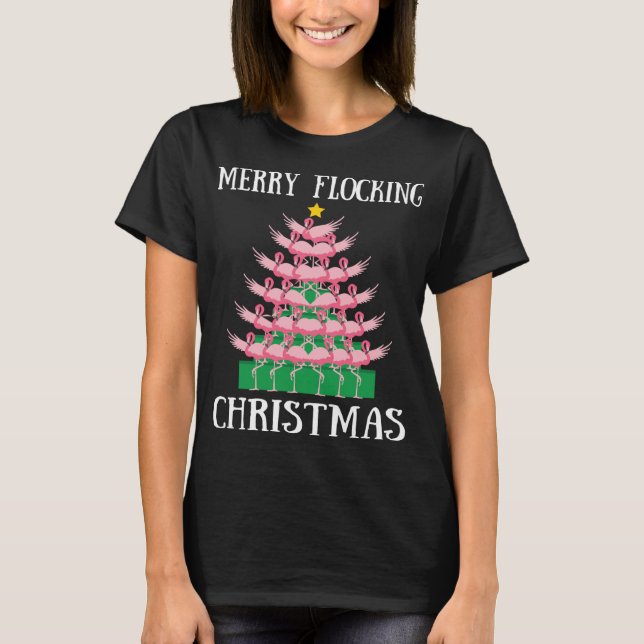 Rosa Flamingo Merry Flocking Julgran Ljus T Shirt (Framsida)