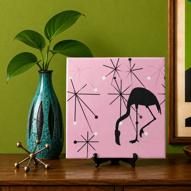 Rosa Flamingo Mid Century Modern Stjärnknopp Kakelplatta (midcentury mod atomic starbursts flamingo silhouette Palm Spring deco beach house decor retro tile)