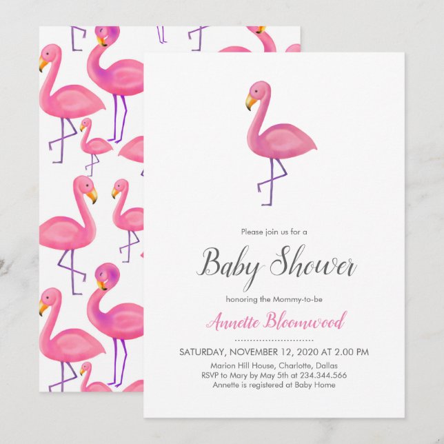 Rosa Flamingo Modern Baby Shower Inbjudningar (Fram/baksida)