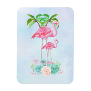Rosa Flamingo Momma & Baby med Handflatan Träd Magnet