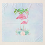 Rosa Flamingo Momma & Baby med Handflatan Träd Sjal<br><div class="desc">En chiffonhalsduk med illustration av att en mamma och baby rosa flamingo står på en säng av blommigt blomsterblommor med grönt handflatan träd som sviktar i ryggen. Tropiskt och söt. Bakgrunden är en halvljusblå vattenfärg med lilans ledtoner.</div>