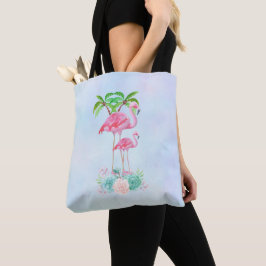 Rosa Flamingo Momma & Baby med Handflatan Träd Tygkasse
