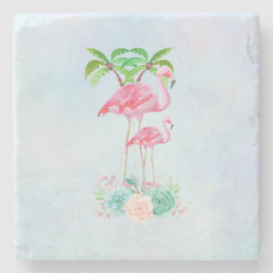 Rosa Flamingo Momma & Baby med Handflatan Träd Underlägg Sten