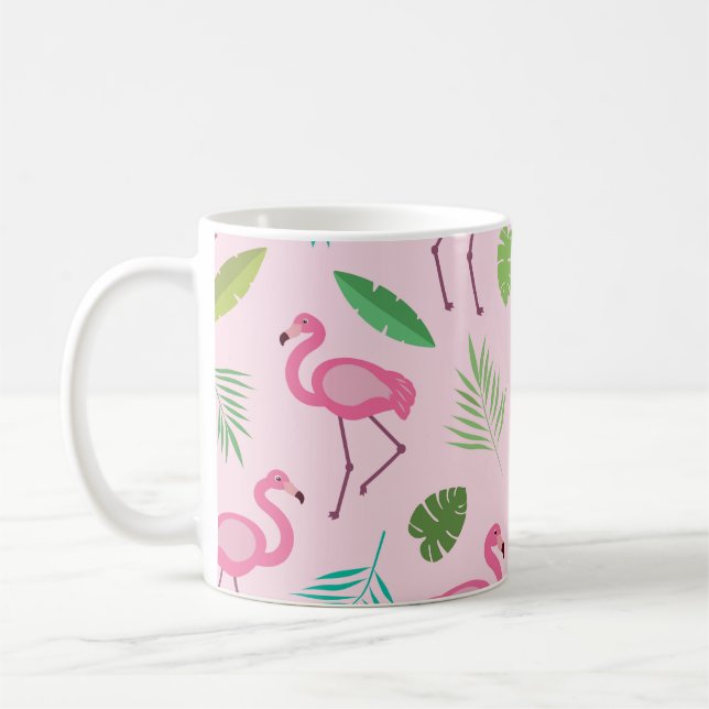 Rosa Flamingo Mönster med Tropiska blad  Kaffemugg (Vänster)