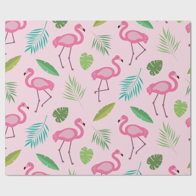 Rosa Flamingo Mönster med Tropiska blad  Presentpapper (Platt)