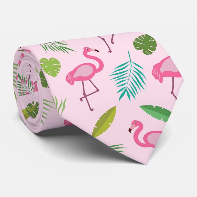 Rosa Flamingo Mönster med Tropiska blad  Slips (Rullad)