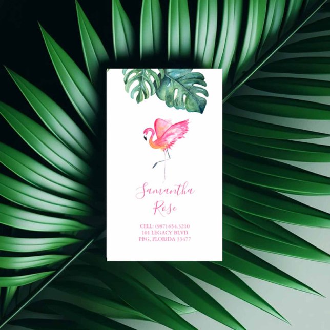 Rosa Flamingo Monstera Handflatan Löv Visitkort (event decorations business cards watercolor pink flamingo tropical palm leaves Victoria Grigaliunas)