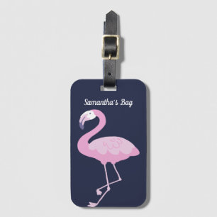 Rosa Flamingo Mörk blått med Namn Bagagebricka
