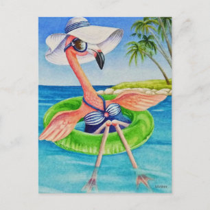 Rosa Flamingo nr 3 Vattenfärgskonst Vykort