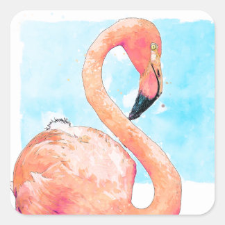Rosa Flamingo och Blått Akvarell Klistermärke Sigi