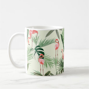 Rosa flamingo och exotiska blommor, handflatan lö kaffemugg