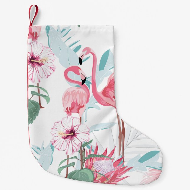 Rosa flamingo och exotiska blommor, handflatan löv liten julstrumpa (Framsidan)