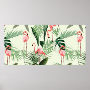 Rosa flamingo och exotiska blommor, handflatan löv poster