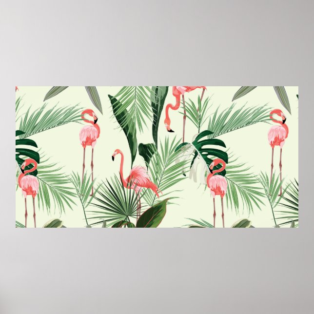 Rosa flamingo och exotiska blommor, handflatan löv poster (Framsidan)