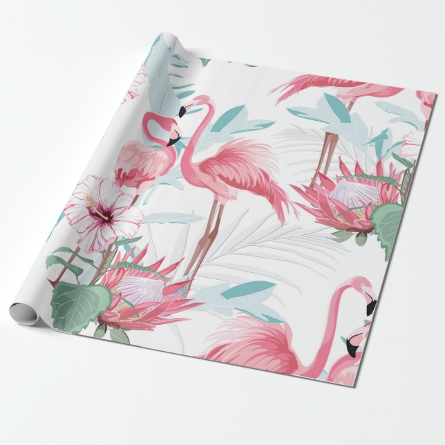 Rosa flamingo och exotiska blommor, handflatan löv presentpapper (Utrullad)