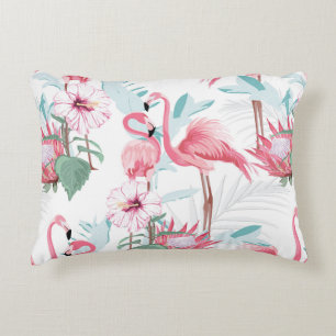Rosa flamingo och exotiska blommor, handflatan löv prydnadskudde