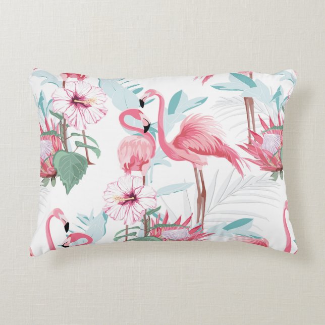 Rosa flamingo och exotiska blommor, handflatan löv prydnadskudde (Framsidan)