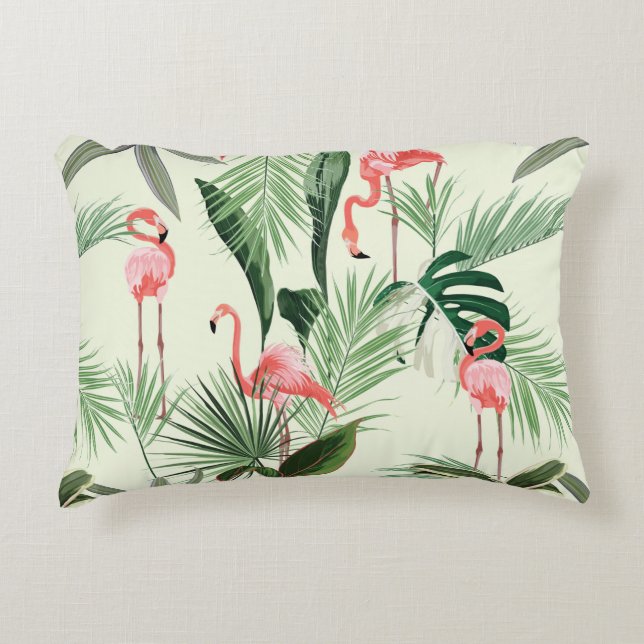Rosa flamingo och exotiska blommor, handflatan löv prydnadskudde (Framsidan)