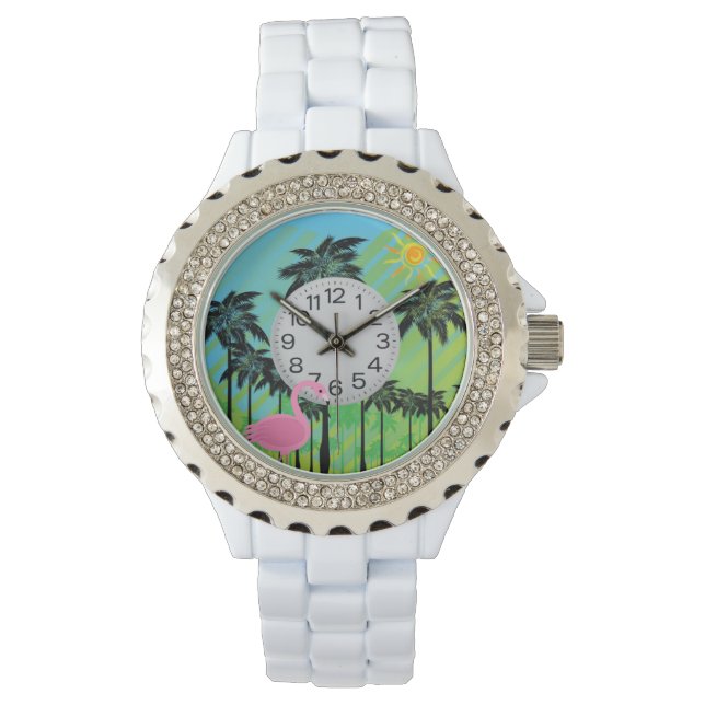 rosa flamingo och handflatan rhinestone watch armbandsur (Framsida)