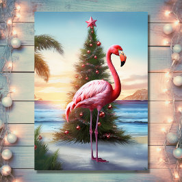 Rosa Flamingo och Julgran Tropical Beach Helgkort