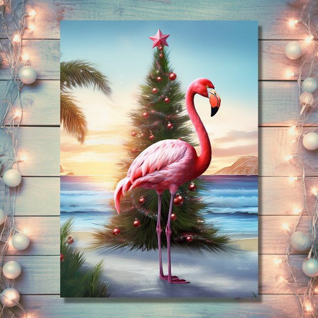 Rosa Flamingo och Julgran Tropical Beach Helgkort (Front - Pink Flamingo and Christmas Tree Tropical Beach Holiday Card)