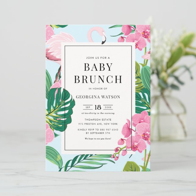 Rosa Flamingo och Orchids Tropical Baby Brunch Inbjudningar (Stående Fram)