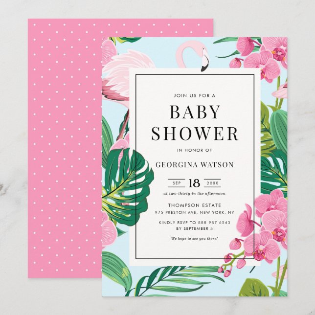 Rosa Flamingo och Orkidéer Tropisk Bebis Shower Inbjudningar (Fram/baksida)