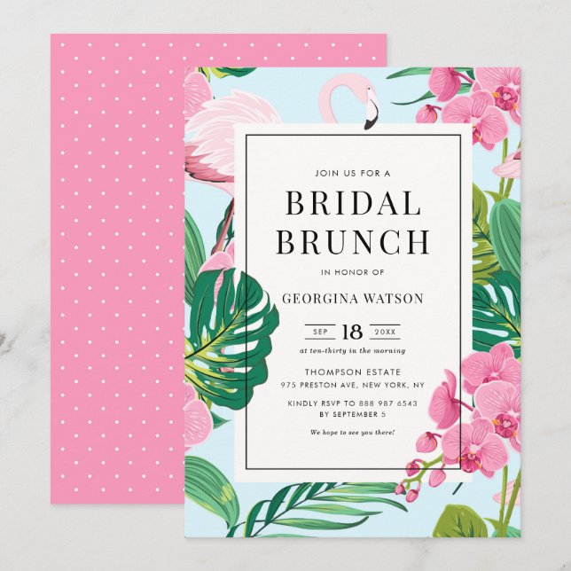 Rosa Flamingo och Orkidéer Tropisk Bröllopsbrunch Inbjudningar (Fram/baksida)