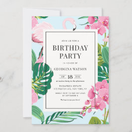 Rosa Flamingo och Orkidéer Tropisk Födelsedagsfest Inbjudningar