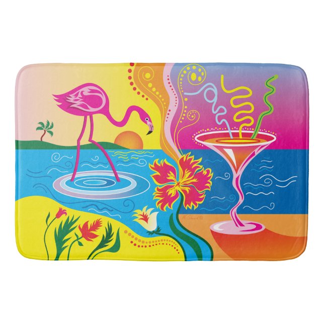 Rosa Flamingo och Sommar Cocktail Badrumsmatta (Framsidan)