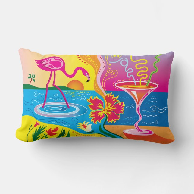 Rosa Flamingo och Sommar Cocktail Lumbarkudde (Framsida)