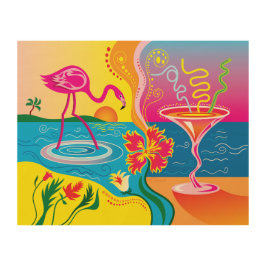 Rosa Flamingo och Sommar Cocktail Trätavla