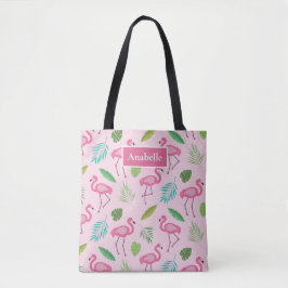 Rosa flamingo och tropiska löv monogram tygkasse