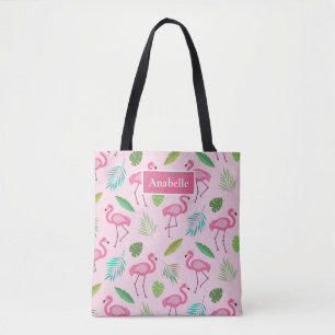 Rosa flamingo och tropiska löv monogram tygkasse