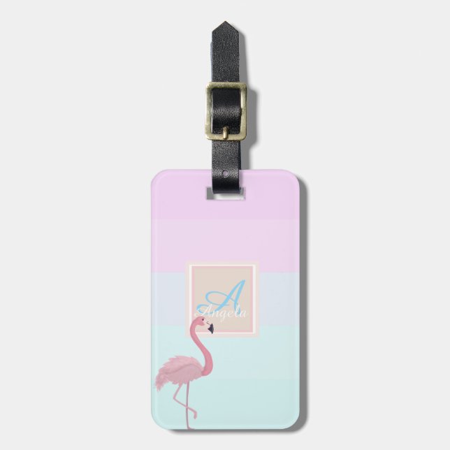 Rosa Flamingo Ombre-Randig  Monogram-Personlig Bagagebricka (Vertikal Framsida)