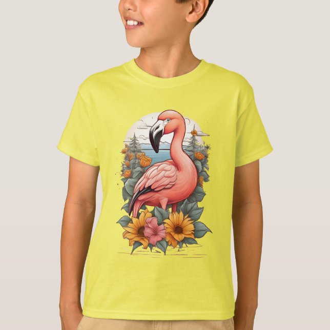 Rosa Flamingo omringad av blommor T Shirt (Framsida)